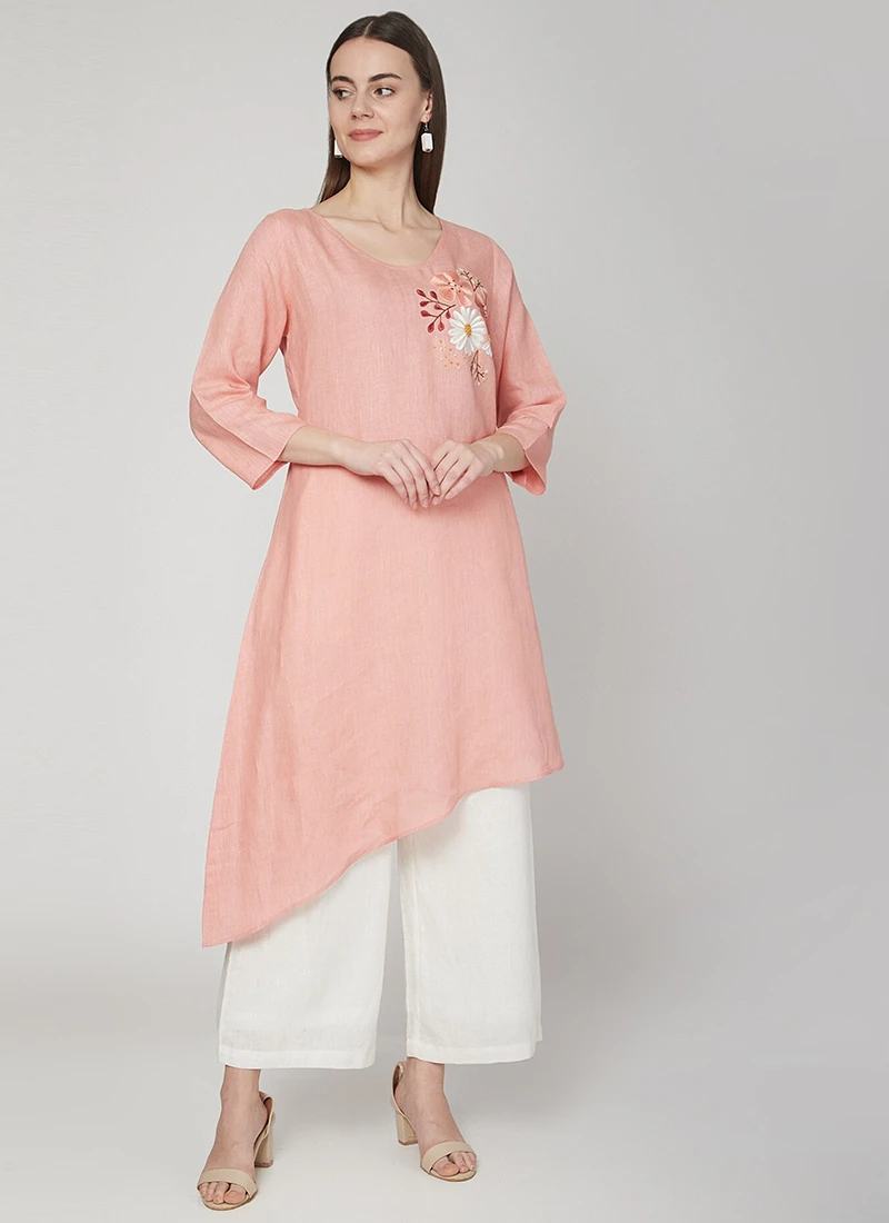 Peach Linen Kurta Palazzo Set Work Wear 3 Peach Linen Kurta Palazzo Set Work Wear - Image 3