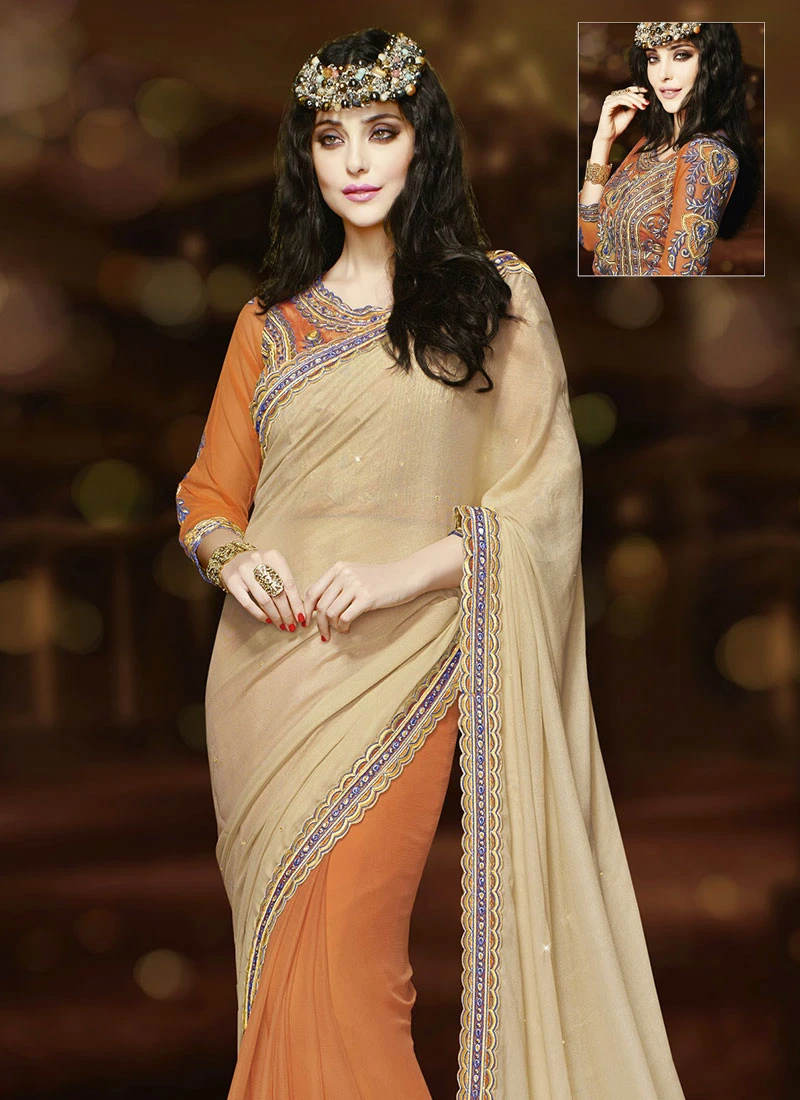 Peach N Beige Half N Half Saree Party Wear 4 Peach N Beige Half N Half Saree Party Wear - Image 4