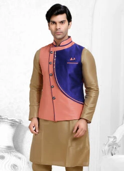 Peach N Blue Art Silk Nehru Jacket -C Bazaar Shop peach n blue art silk nehru jacket jkmdcj402 b