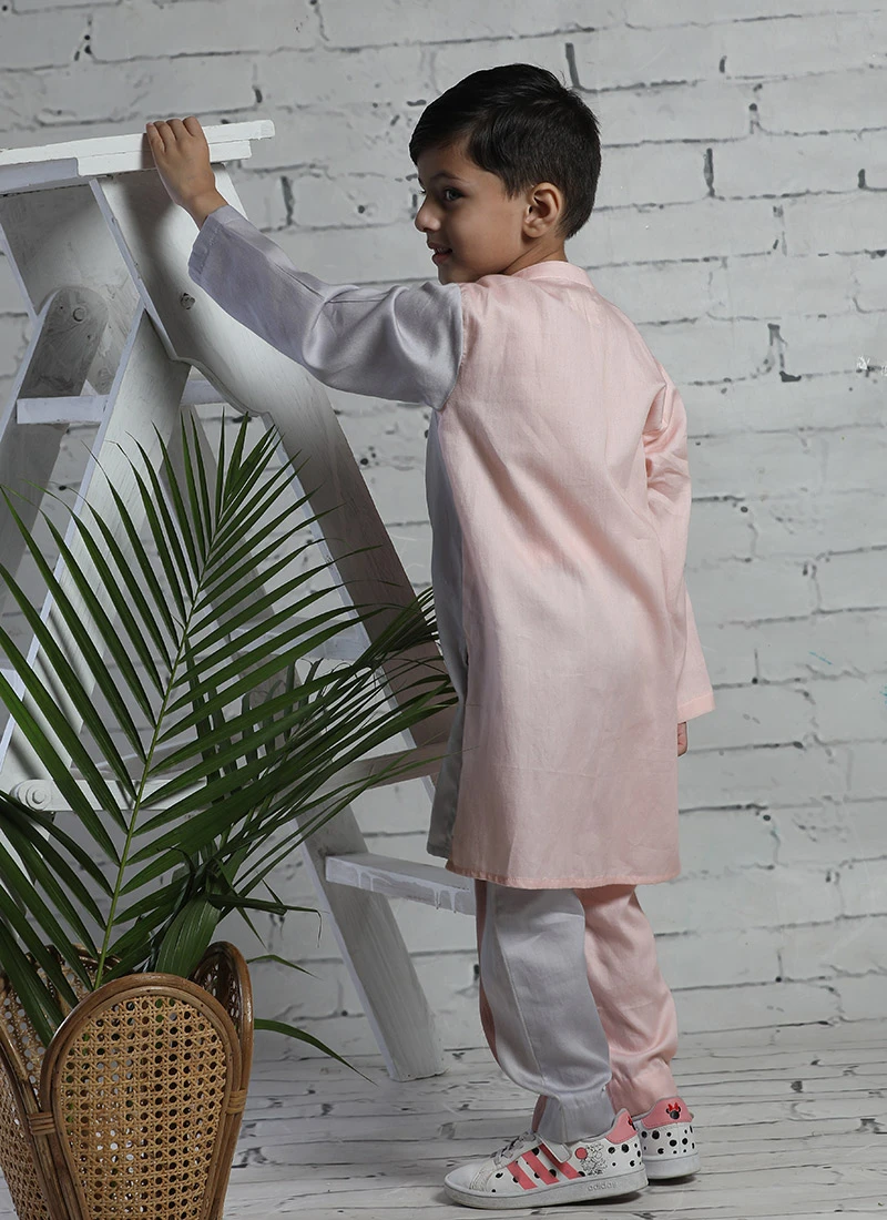 Peach N Grey Pure Cotton Printed Kurta Pyjama Party Wear 3 Peach N Grey Pure Cotton Printed Kurta Pyjama Party Wear - Image 3