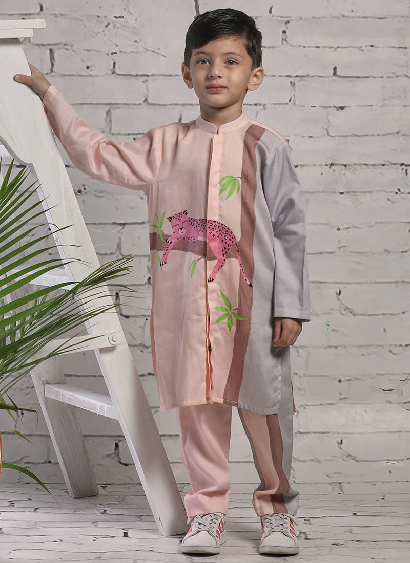 Peach N Grey Pure Cotton Printed Kurta Pyjama Party Wear 2 Peach N Grey Pure Cotton Printed Kurta Pyjama Party Wear - Image 2