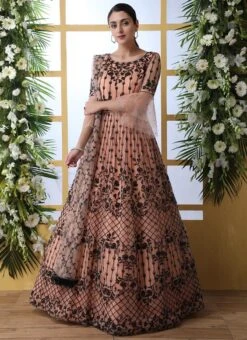 Peach Net Anarkali Gown Party Wear 6 Peach Net Anarkali Gown Party Wear -C Bazaar Shop peach net anarkali gown bgwsshs4201 u