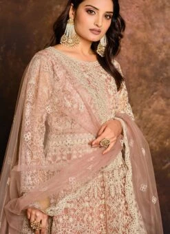 Peach Net Anarkali Suit Party Wear
