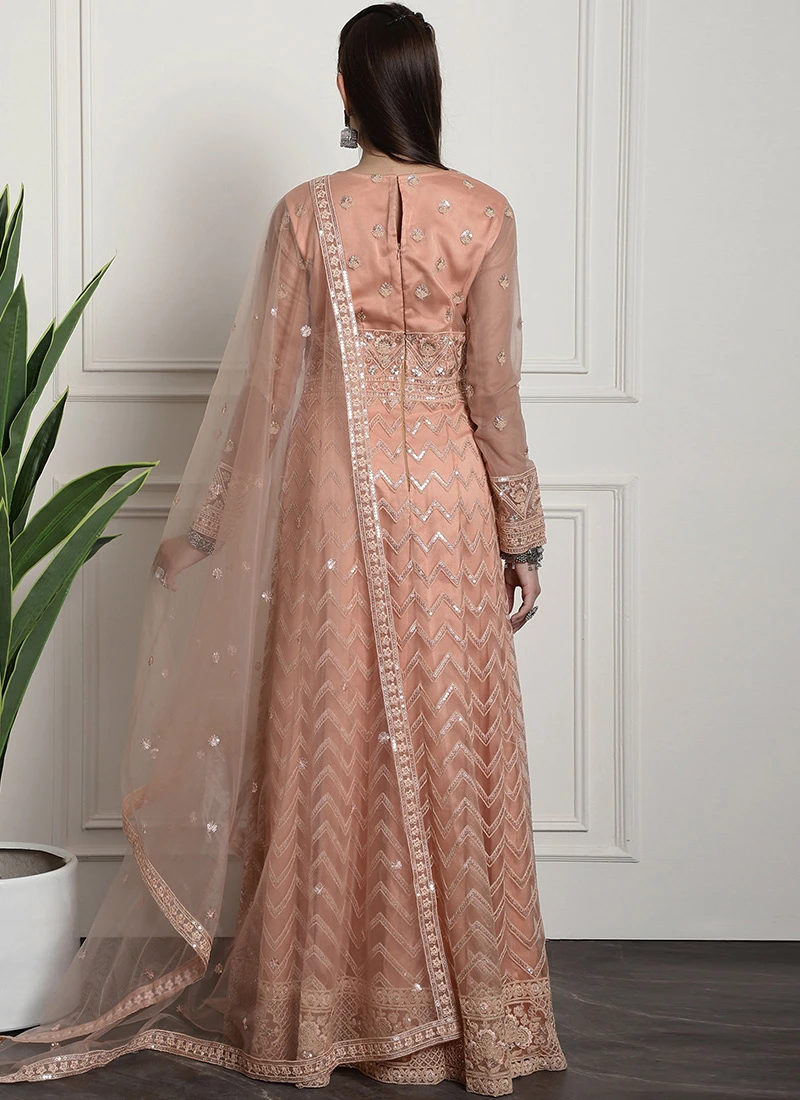 Peach Net Embroidered And Stones Gown Party Wear 4 Peach Net Embroidered And Stones Gown Party Wear - Image 4