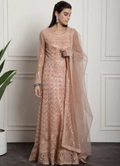 Peach Net Embroidered And Stones Gown Party Wear 6 Peach Net Embroidered And Stones Gown Party Wear -C Bazaar Shop peach net embroidered and stones gown bgwrssls4020 u