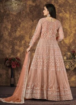 Peach Net Embroidery Anarkali Suit Party Wear -C Bazaar Shop peach net embroidery anarkali suit slsdc4704 b