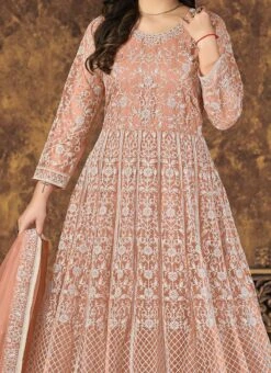 Peach Net Embroidery Anarkali Suit Party Wear