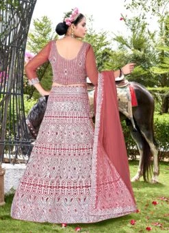 Peach Net Sequins A Line Lehenga Party Wear -C Bazaar Shop peach net sequins umbrella lehenga ghsacw8220 b