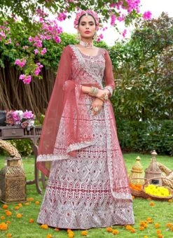 Peach Net Sequins A Line Lehenga Party Wear -C Bazaar Shop peach net sequins umbrella lehenga ghsacw8220 u