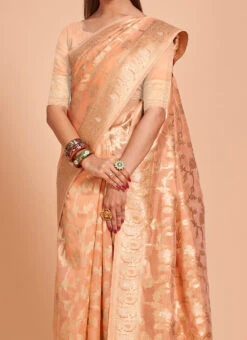 Peach Organza Embroidered Saree Festive Wear