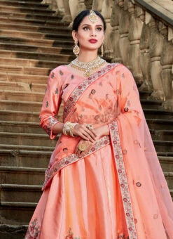 Peach Satin Blend Resham Umbrella Lehenga Festive Wear 7 Peach Satin Blend Resham Umbrella Lehenga Festive Wear -C Bazaar Shop peach satin blend resham umbrella lehenga ghsad1505 b