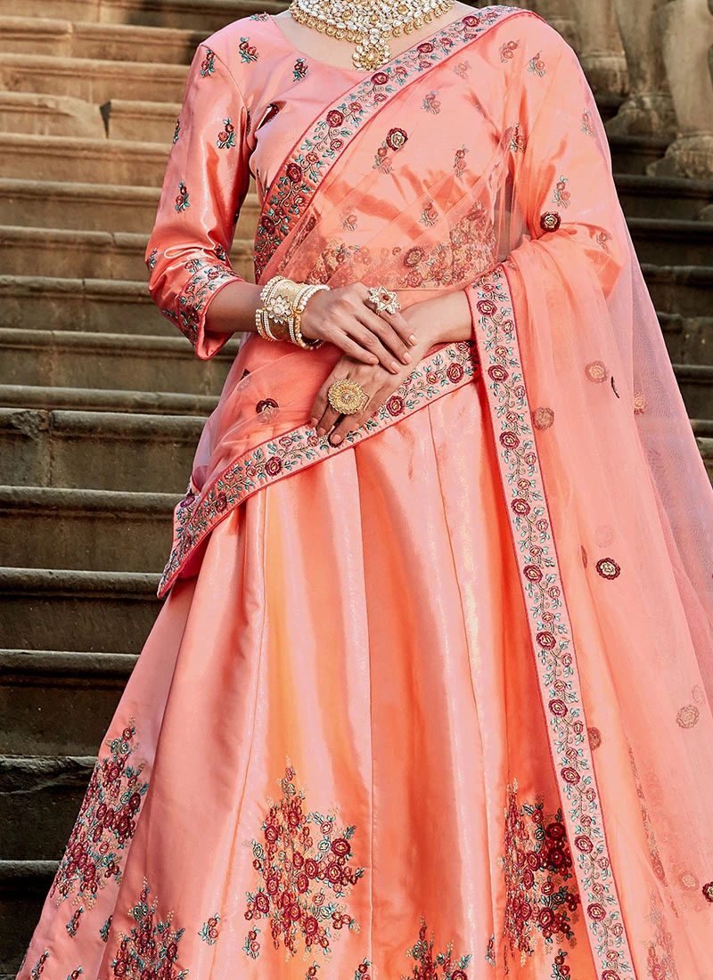 Peach Satin Blend Resham Umbrella Lehenga Festive Wear 1 Peach Satin Blend Resham Umbrella Lehenga Festive Wear