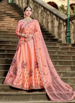 Peach Satin Blend Resham Umbrella Lehenga Festive Wear 6 Peach Satin Blend Resham Umbrella Lehenga Festive Wear -C Bazaar Shop peach satin blend resham umbrella lehenga ghsad1505 u