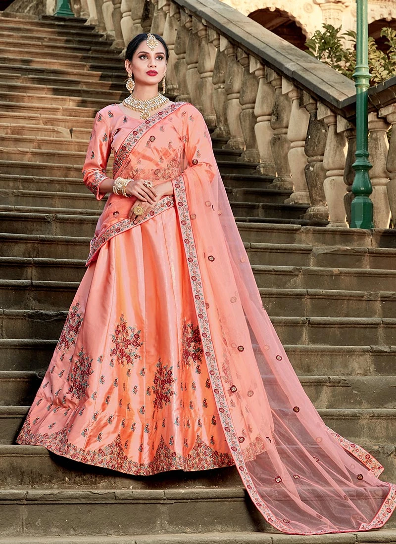 Peach Satin Blend Resham Umbrella Lehenga Festive Wear 3 Peach Satin Blend Resham Umbrella Lehenga Festive Wear - Image 3