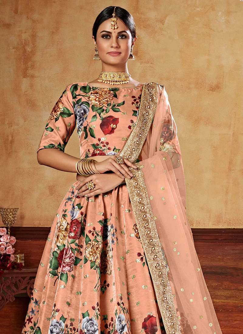 Peach Satin Blend Umbrella Lehenga Party Wear 4 Peach Satin Blend Umbrella Lehenga Party Wear - Image 4