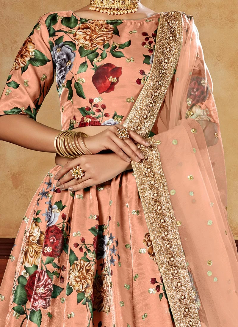 Peach Satin Blend Umbrella Lehenga Party Wear 1 Peach Satin Blend Umbrella Lehenga Party Wear