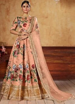 Peach Satin Blend Umbrella Lehenga Party Wear 6 Peach Satin Blend Umbrella Lehenga Party Wear -C Bazaar Shop peach satin blend umbrella lehenga ghsom2003 u