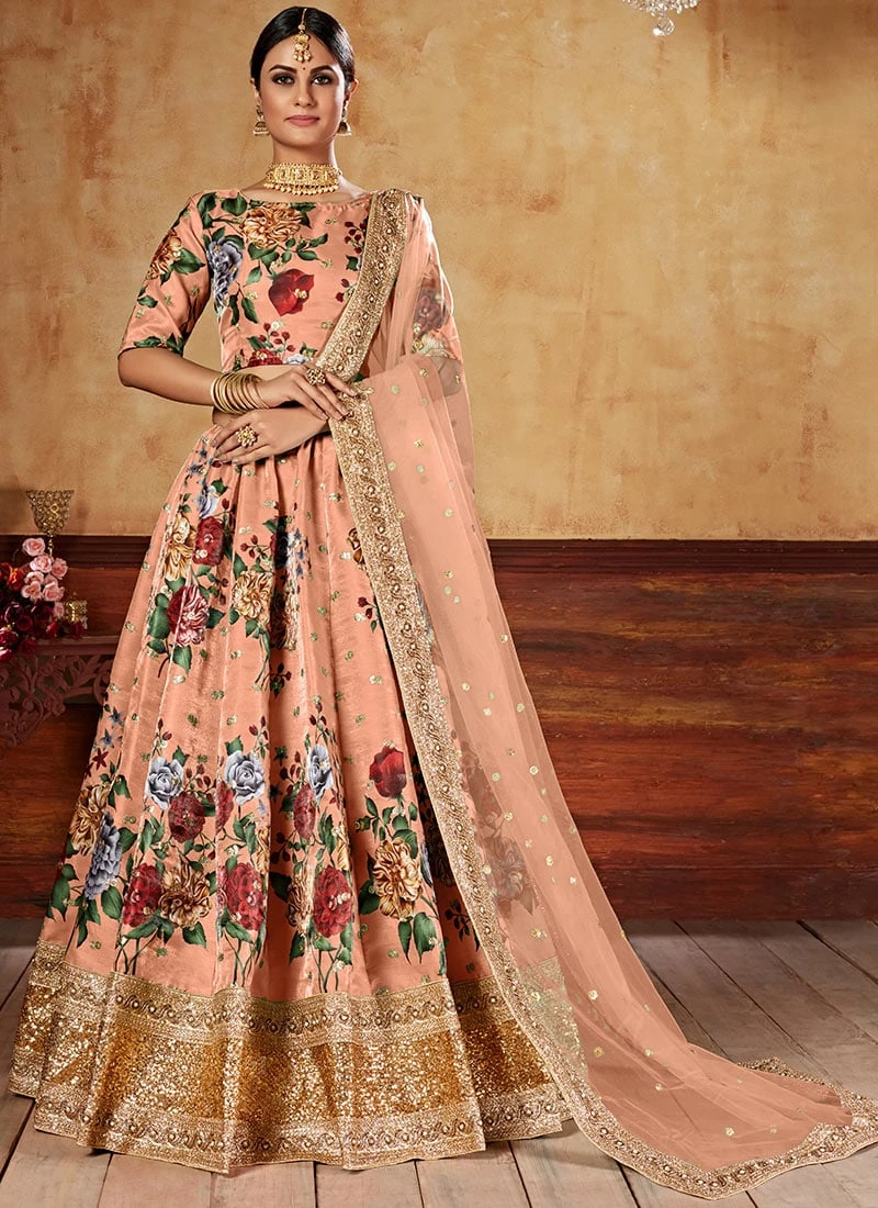 Peach Satin Blend Umbrella Lehenga Party Wear 3 Peach Satin Blend Umbrella Lehenga Party Wear - Image 3
