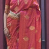 Peach Satin Jacquard Zari Work Saree Festive Wear