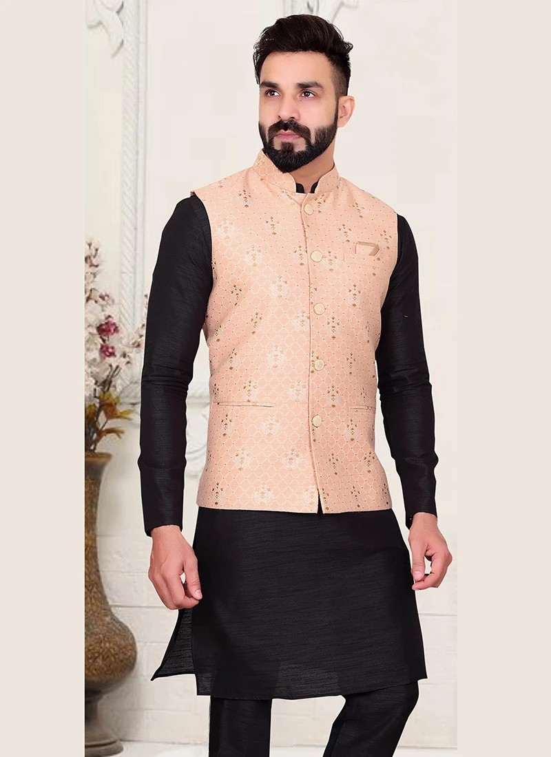 Peach Silk Embroidered Work Nehru Jacket 3 Peach Silk Embroidered Work Nehru Jacket - Image 3