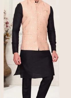 Peach Silk Embroidered Work Nehru Jacket