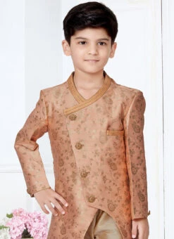 Peach Silk Jacquard Work Indowestern Sherwani Party Wear -C Bazaar Shop peach silk jacquard work indowestern sherwani kdbmsgr515 b