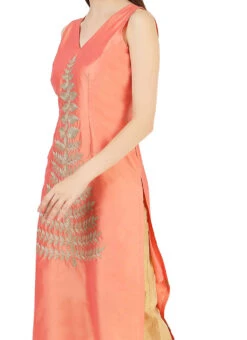 Peach Taffeta Silk Embroidery Kurta Straight Pant Set Party Wear