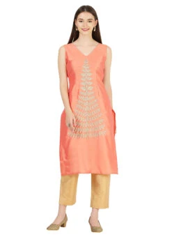 Peach Taffeta Silk Embroidery Kurta Straight Pant Set Party Wear -C Bazaar Shop peach taffeta silk embroidery kurta straight pant set krskinf9900509 u