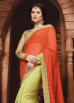 Pear Green N Orange Georgette Half N Half Saree Party Wear -C Bazaar Shop pear green n orange georgette half n half saree sassnp16010 b