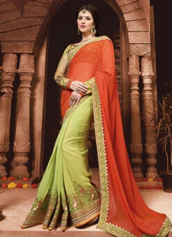 Pear Green N Orange Georgette Half N Half Saree Party Wear -C Bazaar Shop pear green n orange georgette half n half saree sassnp16010 u