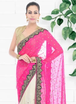Pink And White Georgette Hand Work Half N Half Saree Party Wear -C Bazaar Shop pink and white georgette hand work half n half saree sadsf4851 b