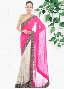 Pink And White Georgette Hand Work Half N Half Saree Party Wear -C Bazaar Shop pink and white georgette hand work half n half saree sadsf4851 u
