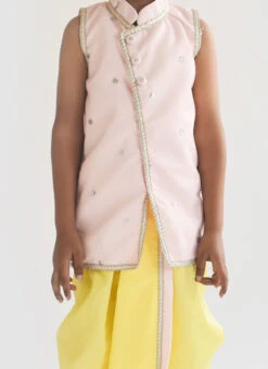 Pink And Yellow Silk Dhoti Set