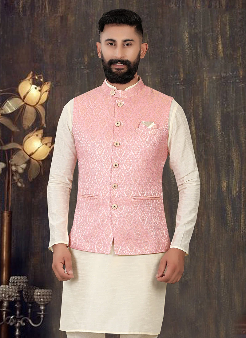 Pink Art Silk Brocade Nehru Jacket 3 Pink Art Silk Brocade Nehru Jacket - Image 3
