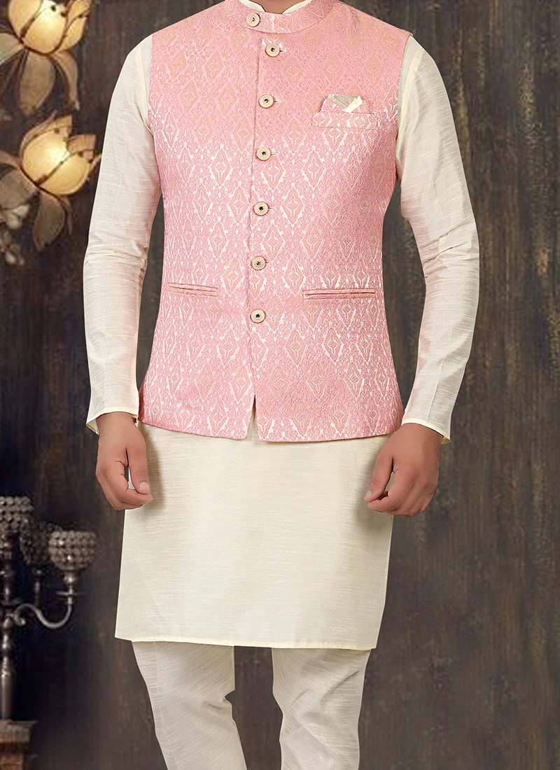 Pink Art Silk Brocade Nehru Jacket 1 Pink Art Silk Brocade Nehru Jacket