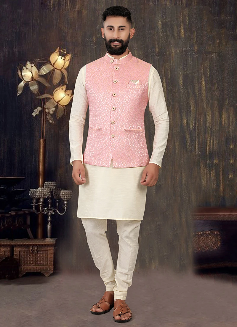 Pink Art Silk Brocade Nehru Jacket 2 Pink Art Silk Brocade Nehru Jacket - Image 2