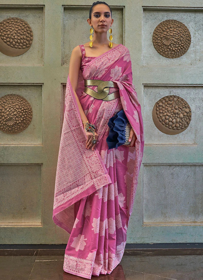 Pink Art Silk Cotton Chikankari Saree Festive Wear 3 Pink Art Silk Cotton Chikankari Saree Festive Wear - Image 3