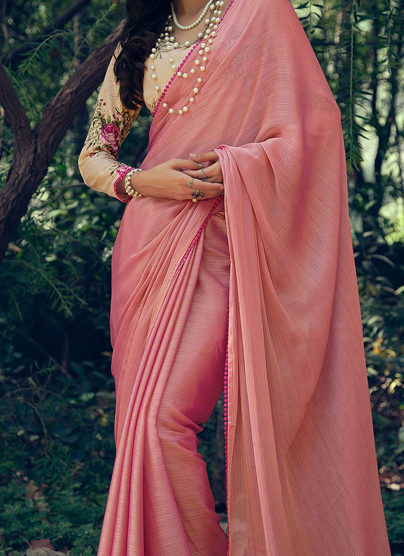 Pink Art Silk Saree With Printed Blouse Party Wear 1 Pink Art Silk Saree With Printed Blouse Party Wear