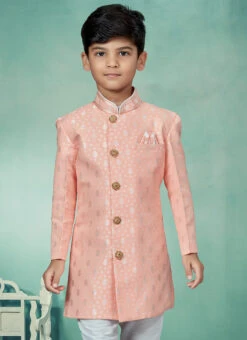 Pink Banarasi Silk Jacquard Indowestern Sherwani Party Wear -C Bazaar Shop pink banarasi silk jacquard indowestern sherwani kdbmsgrk546 b