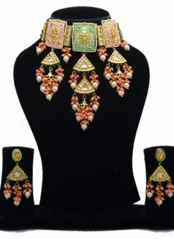 Pink Blue Kundan Necklace Set Party Wear -C Bazaar Shop pink blue kundan necklace set jynsddrj98217h b