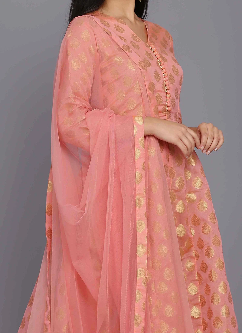 Pink Chanderi Silk Zari Work Anarkali Suit Party Wear 1 Pink Chanderi Silk Zari Work Anarkali Suit Party Wear