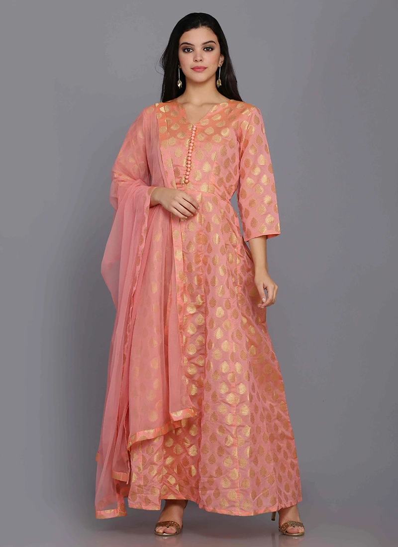 Pink Chanderi Silk Zari Work Anarkali Suit Party Wear 3 Pink Chanderi Silk Zari Work Anarkali Suit Party Wear - Image 3
