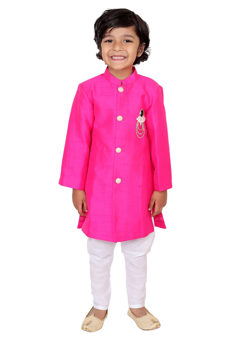 Pink Chroma Silk Kids Boys Classic Sherwani Party Wear 2 Pink Chroma Silk Kids Boys Classic Sherwani Party Wear - Image 2