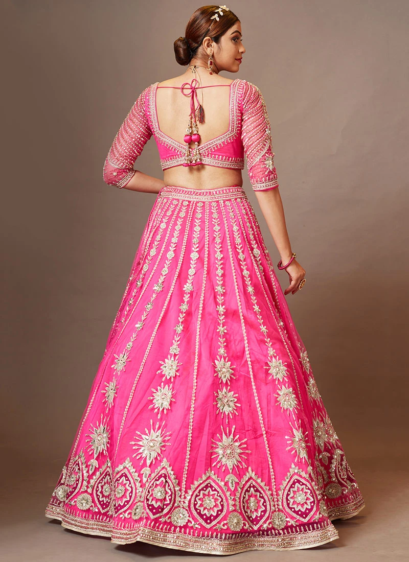 Pink Color Net Embroidered And Zari Work Umbrella Lehenga Wedding Wear 4 Pink Color Net Embroidered And Zari Work Umbrella Lehenga Wedding Wear - Image 4