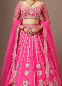 Pink Color Net Embroidered And Zari Work Umbrella Lehenga Wedding Wear
