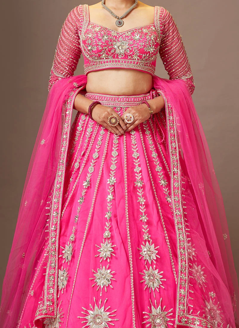 Pink Color Net Embroidered And Zari Work Umbrella Lehenga Wedding Wear 1 Pink Color Net Embroidered And Zari Work Umbrella Lehenga Wedding Wear