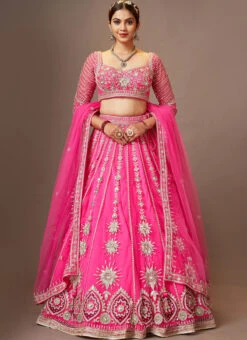 Pink Color Net Embroidered And Zari Work Umbrella Lehenga Wedding Wear 6 Pink Color Net Embroidered And Zari Work Umbrella Lehenga Wedding Wear -C Bazaar Shop pink color net embroidered and zari work umbrella lehenga ghmkns440a u