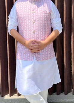 Pink Cotton Printed Nehru Jacket