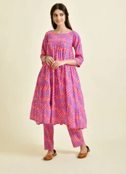 Pink Cotton Three Fourth N Boat Neck Leheriya Kurta Pant Set Work Wear -C Bazaar Shop pink cotton three fourth n boat neck leheriya kurta pant set krsjrp3031 u