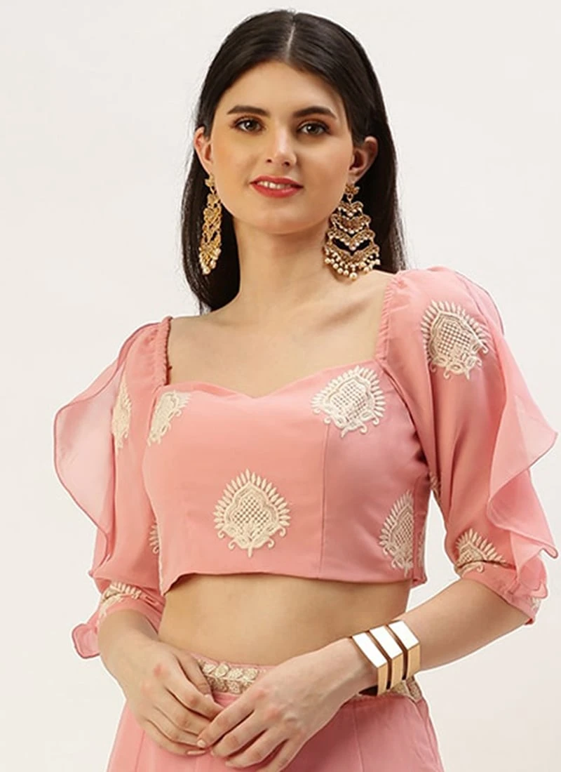 Pink Embroidered Ruffles Style Blouse Party Wear 3 Pink Embroidered Ruffles Style Blouse Party Wear - Image 3